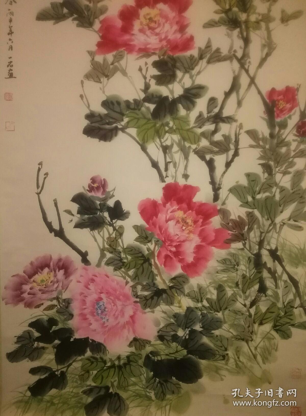 霍春阳高足,知名花鸟画家严红星八尽牡丹大中堂