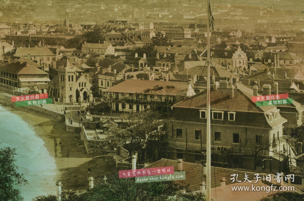 民国山东烟台东部全景手工上色宽幅银盐老照片,地图级别细节俯瞰,亚芳