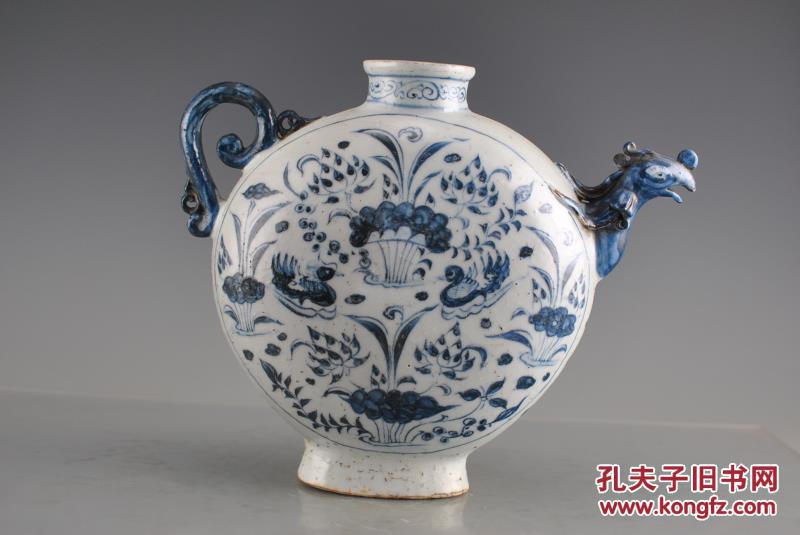 元青花玻璃釉鸳鸯戏莲纹凤头扁壶瓷器