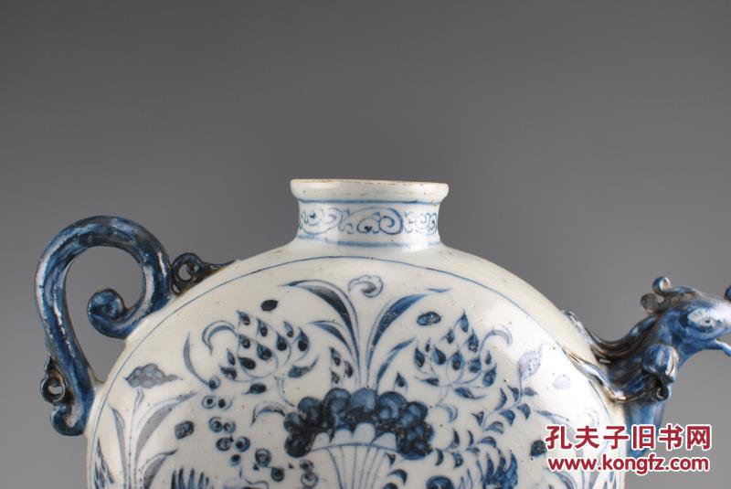 元青花玻璃釉鸳鸯戏莲纹凤头扁壶瓷器