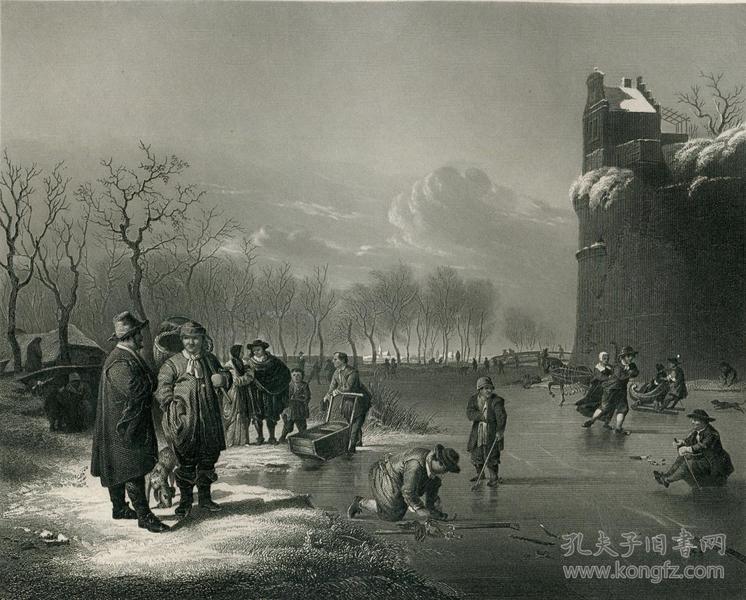 1850年钢版画《荷兰冬景》27×20.5厘米