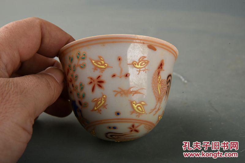 大明成化年制红胎五彩描金鸡纹不倒杯 古玩古董古瓷器