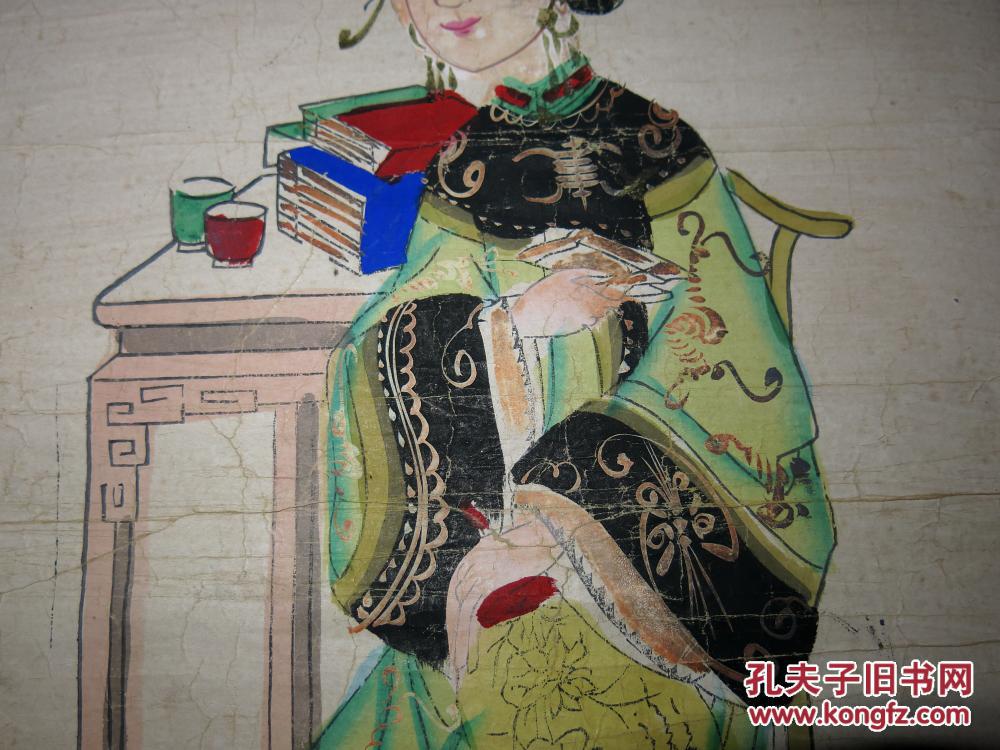 清代 木刻套印加绘 美女图年画一幅 一
