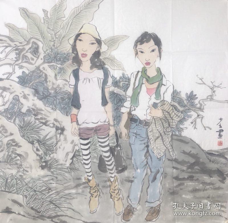 《踏青》名家手绘真迹 写意人物国画 送礼收藏 现代人物装饰画