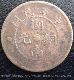 中华民国，湖南铜元，当十，背实心圆