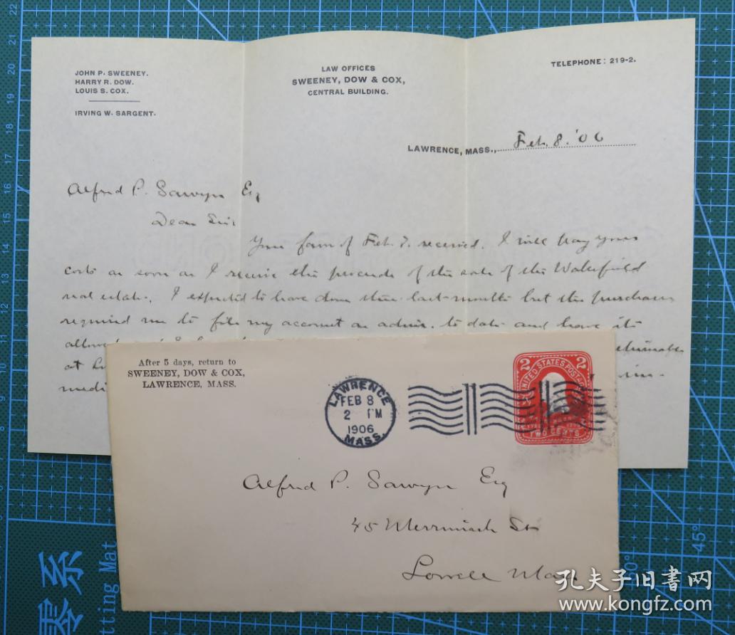 1906年2月8日美国(洛厄尔互寄)2分邮资实寄封(含信件)