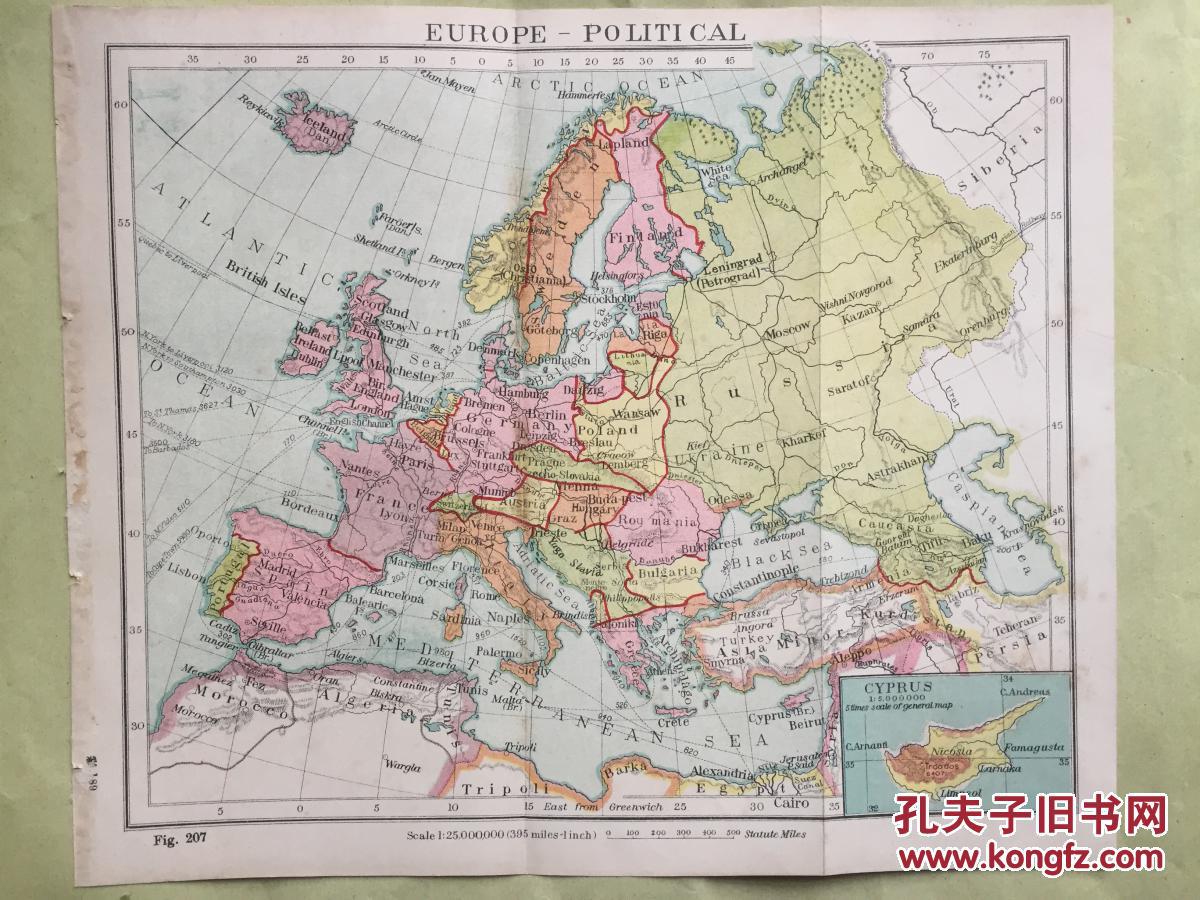 民国罕见地图 欧洲政治图(EUROPE - POLITICAL)欧洲地图 欧洲政区图 英文版 北洋时期 16开2张 非常权威的地图 奥匈帝国被瓜分后的地图 商务印书馆早期版 包邮快递宅急送
