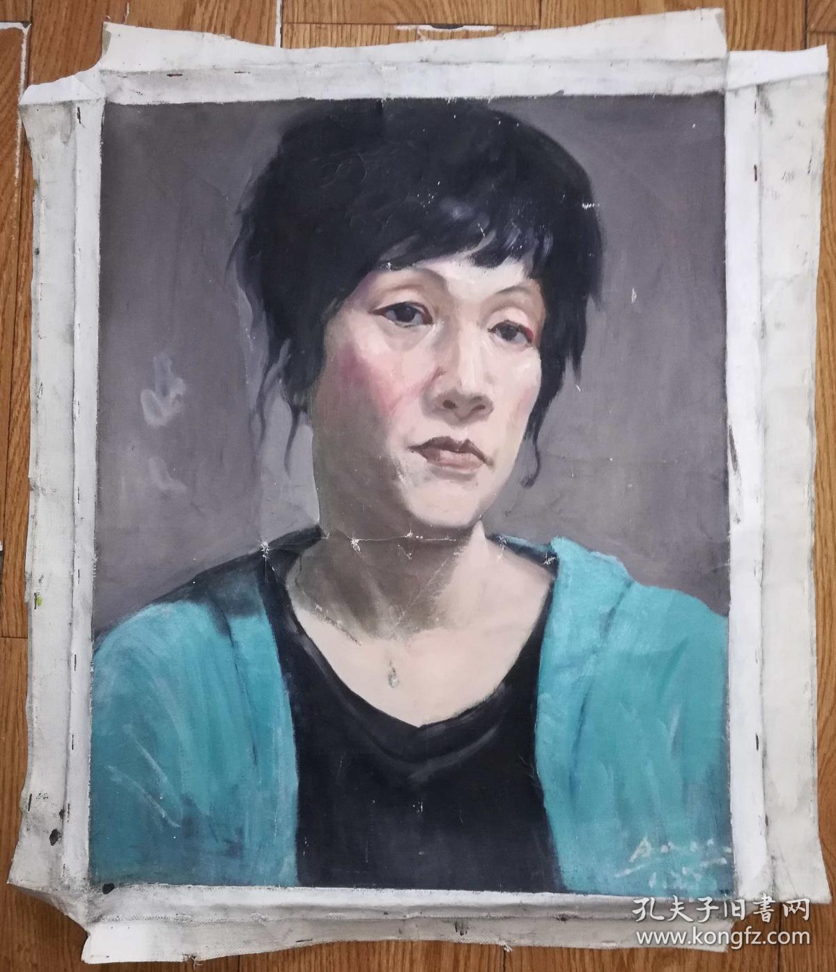 手绘布面油画:英文落款人物画(人物 48.5x39)