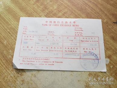 1988年中国银行兑换水单(兑外汇(港币)