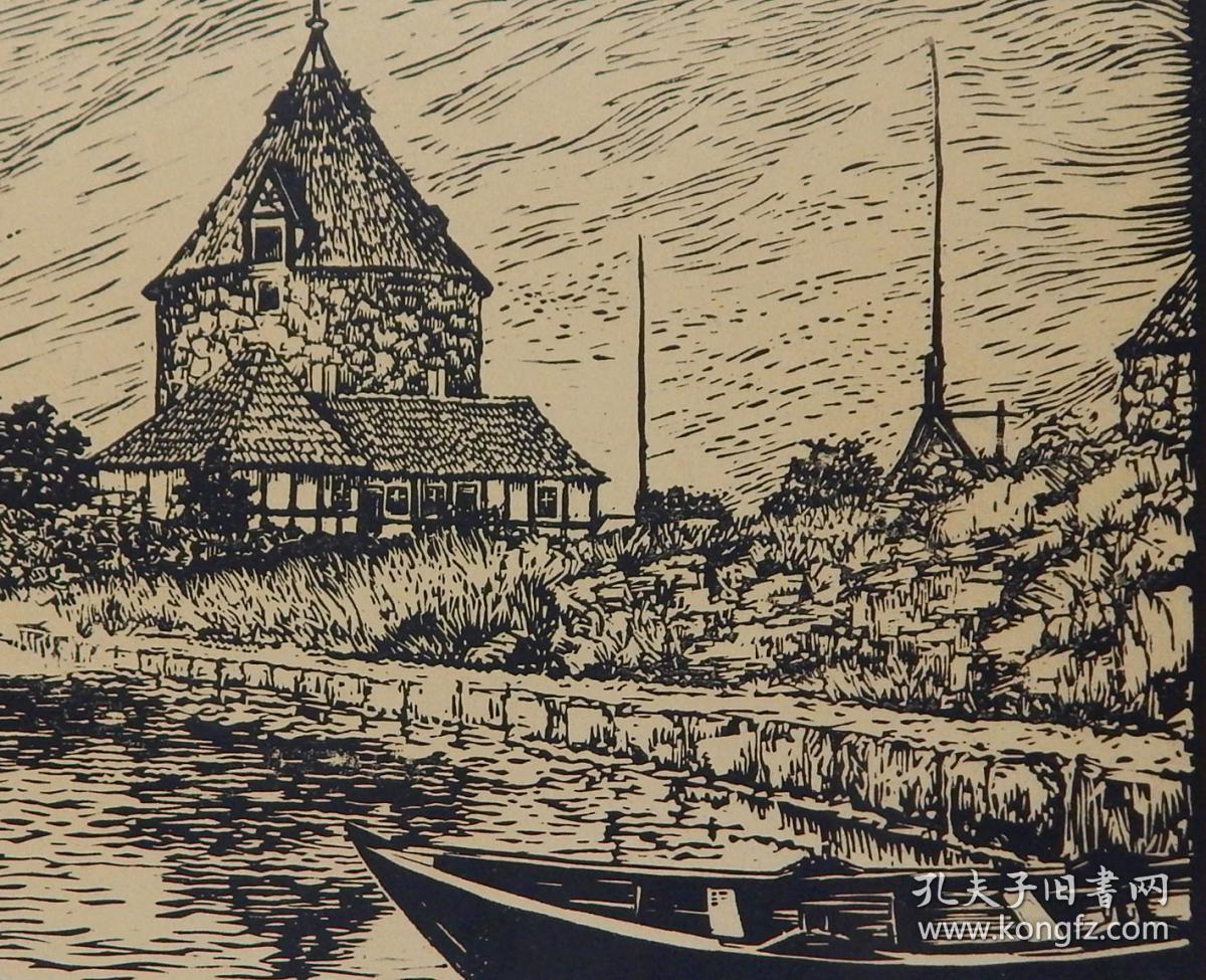 德国大幅木刻《河边风景—船和尖顶屋》