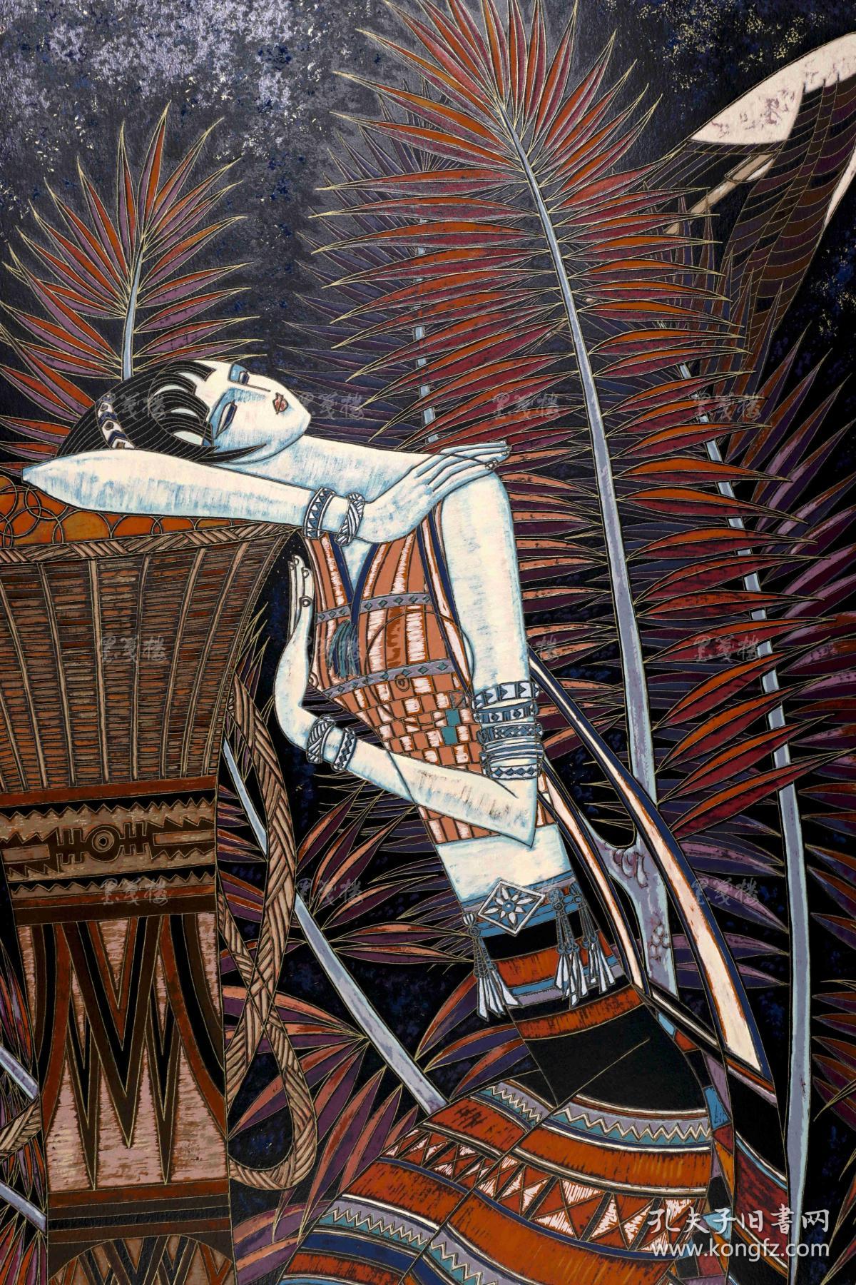 著名画家,中国现代重彩画代表人 丁绍光 签名套色人物版画"梦"作品一