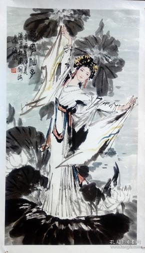 纯手绘人物画托片(荷花仙子),画心119*68.陈政明 款.
