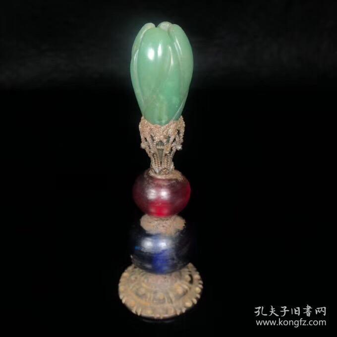 民间传世清晚期官帽顶天然水晶顶珠,老琉璃配珠,纯铜帽托,有斑斑蓝锈