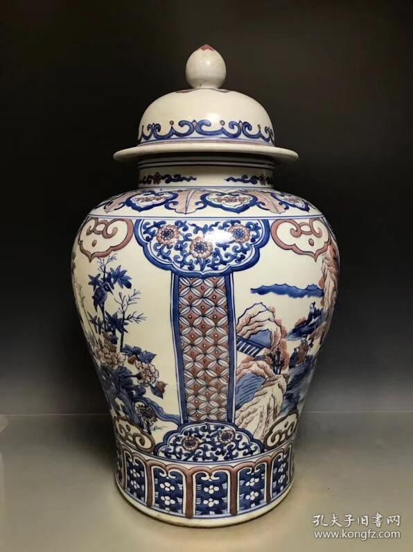 清康熙青花釉里红山水人物花鸟将军罐 收藏精品