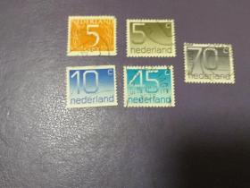 外国邮票  荷兰邮票 数字 5枚不同（信销票)