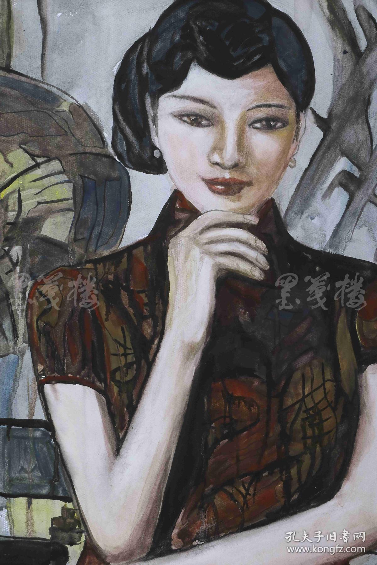 著名油画家俞果2018年水粉画作品旗袍姑娘一幅尺寸7653cm作品由中国