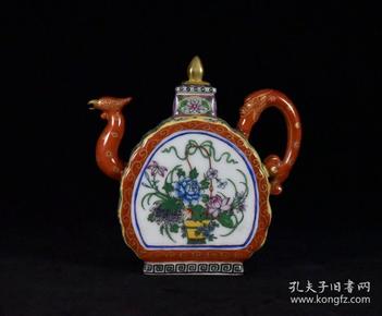 清代雍正珐琅彩描金花卉凤头扁壶【15.5x14.5x4cm】