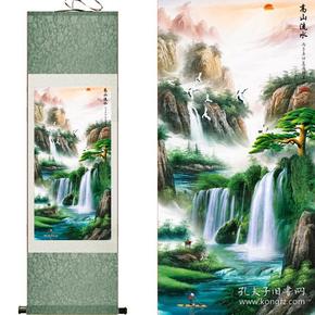 包邮【定制 风水招财画国画丝绸卷轴画山水画客厅字画卷轴画高山流水