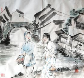 浙江名家 张谷良 人物四尺斗方  手绘 国画作品 水乡姐妹