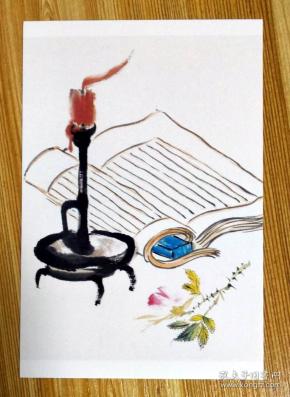 王雪涛书法 绘画作品集锦:经典作品蜡烛读书图【明信片1张】