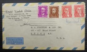 {会山书院}54#1963年（巴西寄美国）实寄封贴邮票4枚