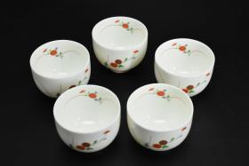 (p3480)《日本香兰社的陶艺品》一套五件全 陶瓷茶碗 菊花图案 透光