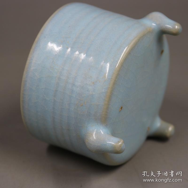 宋汝窑天青釉开片三足小香炉做旧高仿古家居装饰瓷器摆件古董古玩
