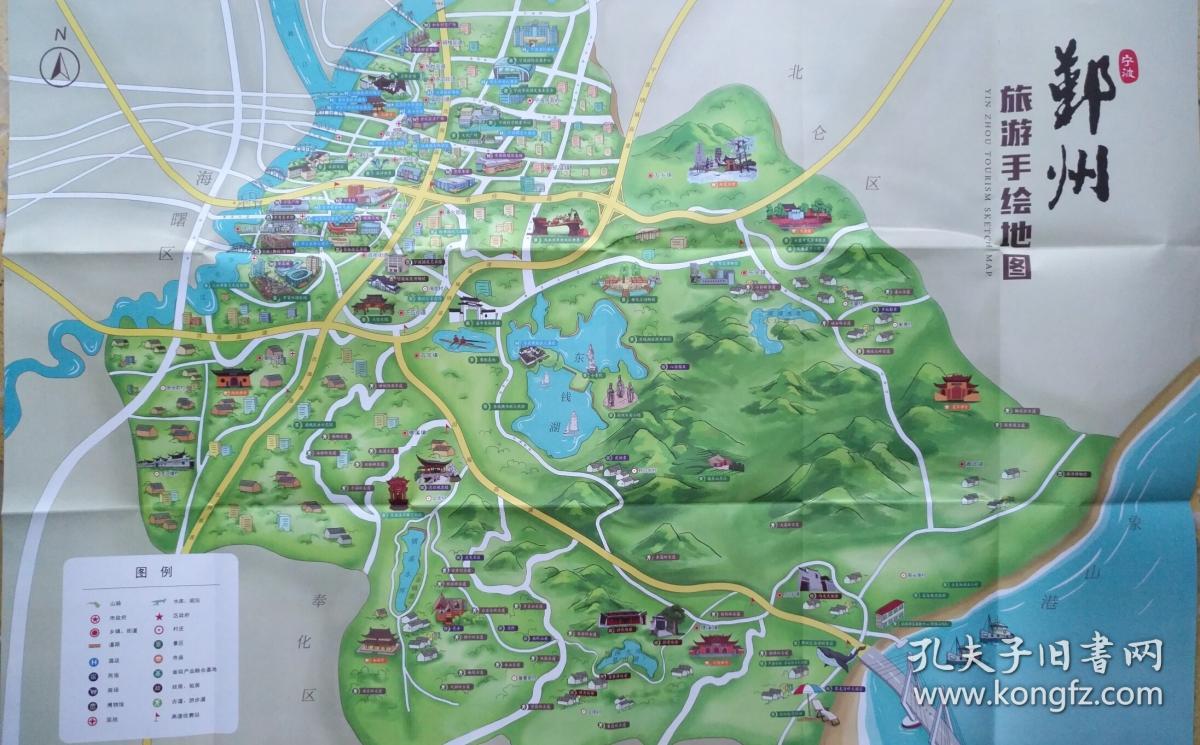 宁波市鄞州区旅游手绘地图54乘84cm 鄞州区地图宁波市鄞州地图