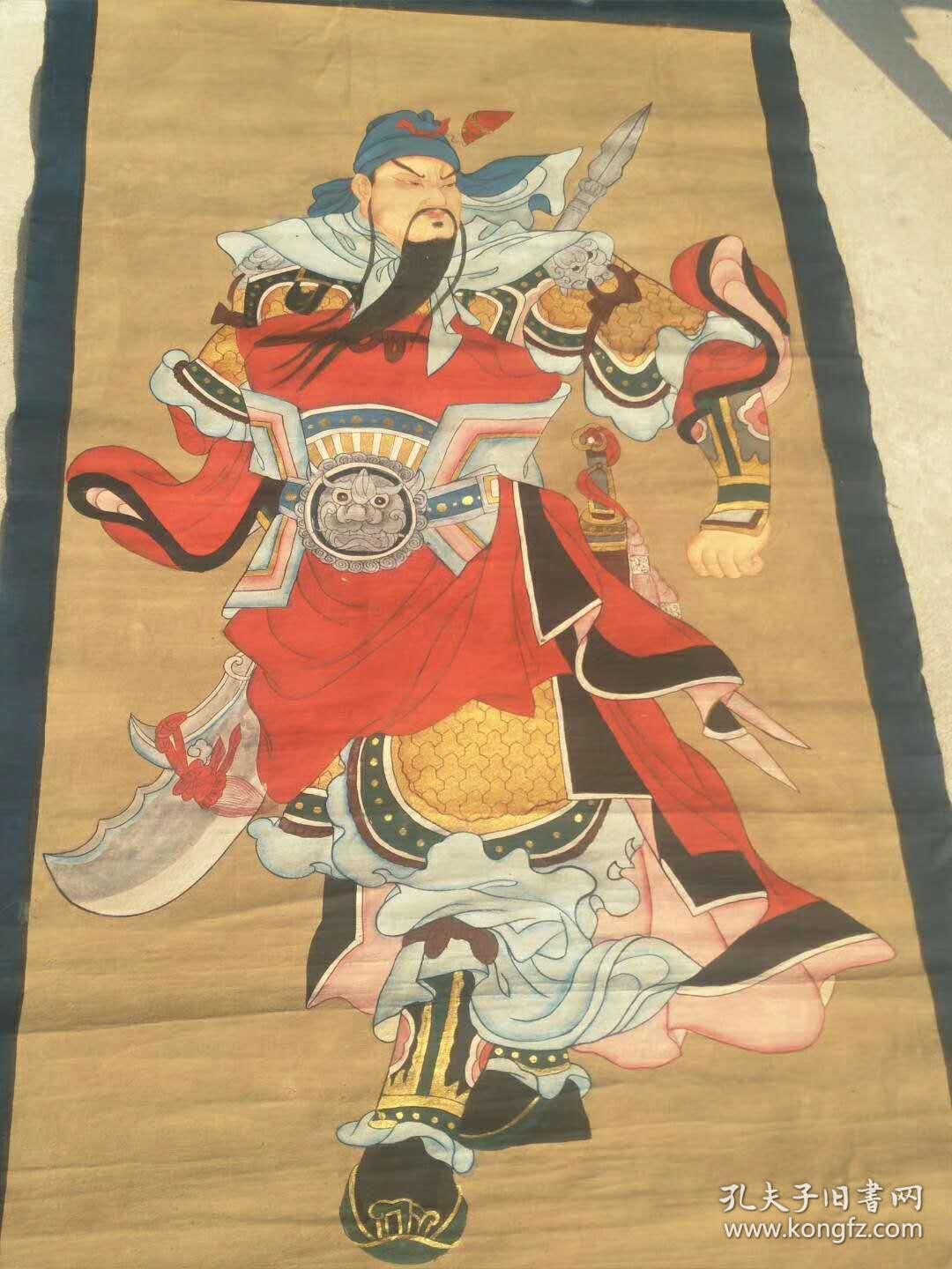 关公门前耍大刀 班门弄斧清代 纯手绘老粗布五彩人物画 关公耍大刀 一