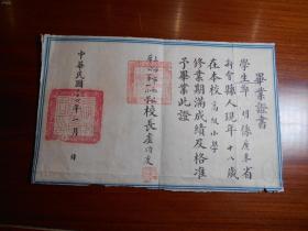 民国24年，上海私立广公第一小学，毕业证书，16开