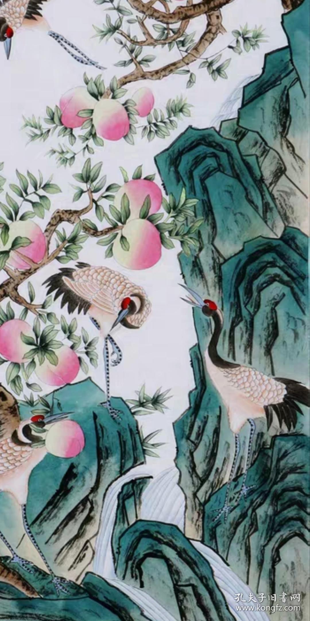 名家田世光工笔国画仙鹤寿桃字画纯手绘