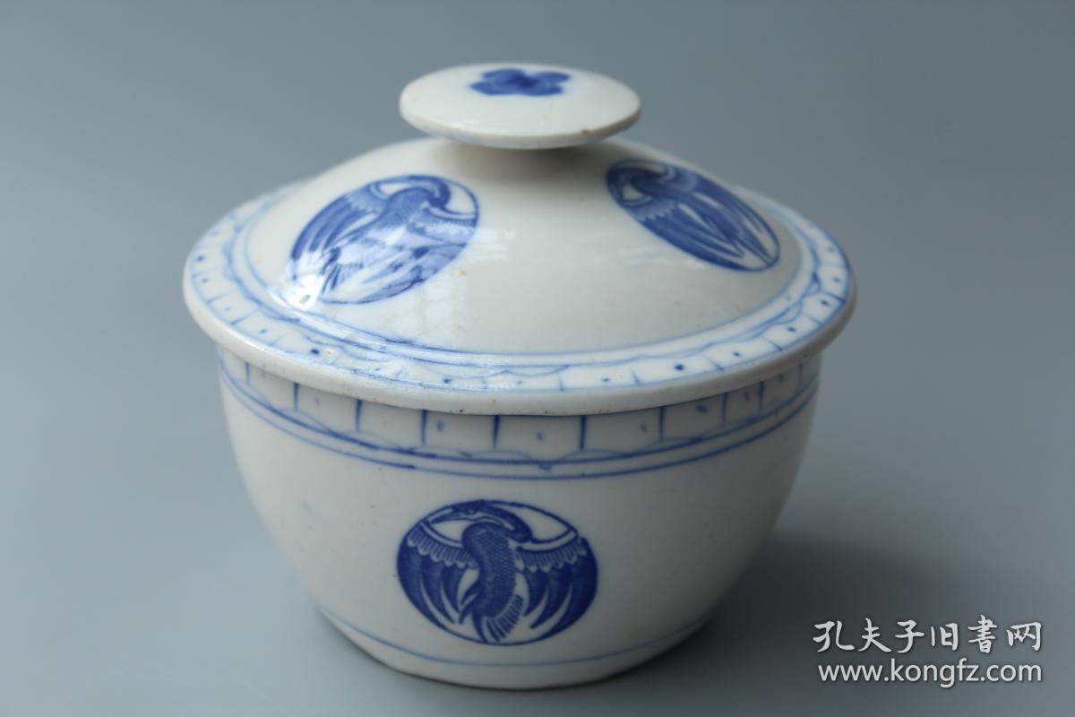 真品古玩老瓷器收藏 民国青花団鹤小盖缸粥罐 民间古物 古董包老