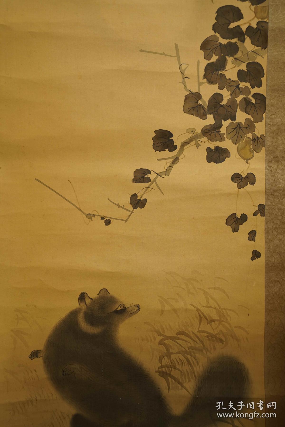 绢本狸猫图狐狸狸猫动物工笔画老物件立轴卷轴日本绢布精装裱