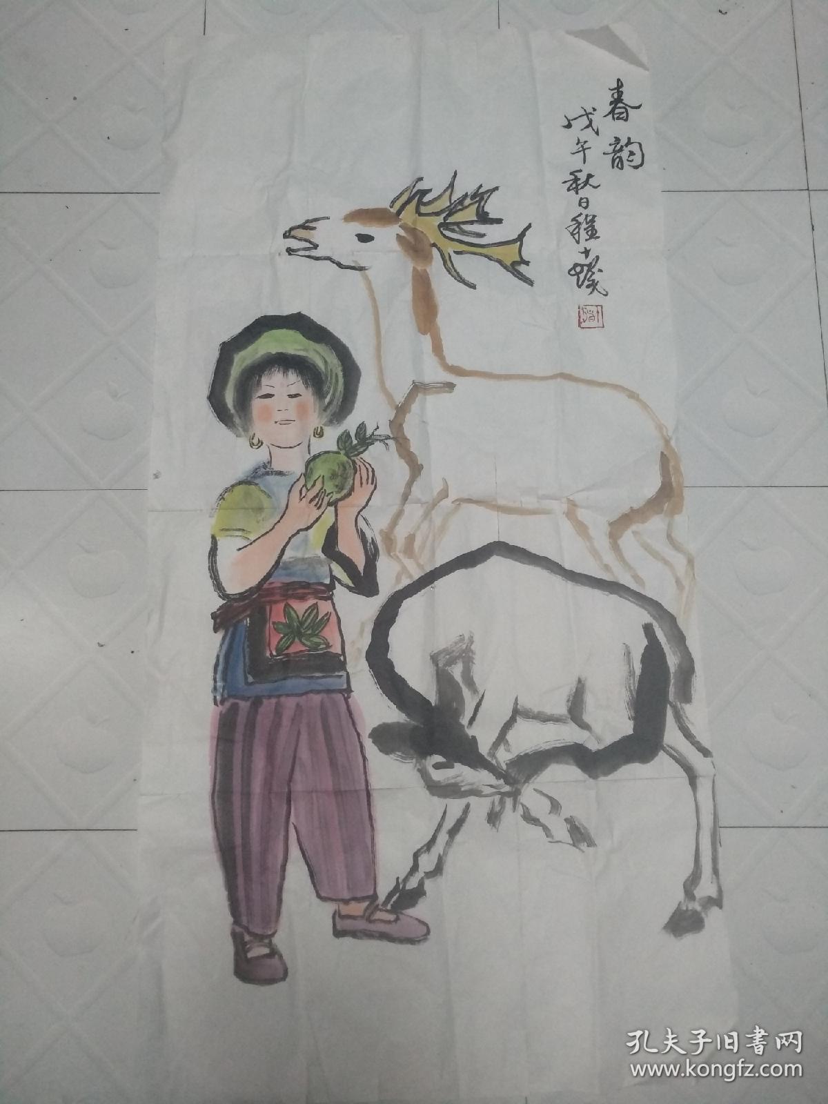 女子"春韵"镜心,笔法精绝,线条精审,人物一气呵成,些须晕染,楚楚传神