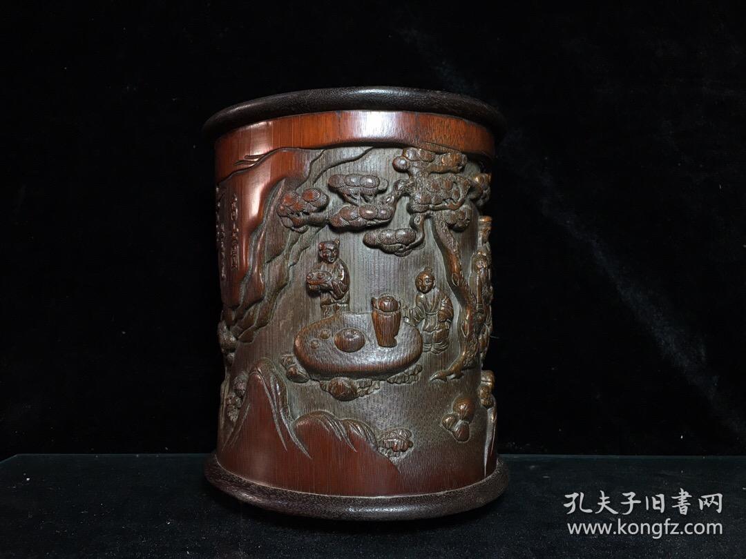 清代名家手工雕刻竹雕笔筒杜士元高士图