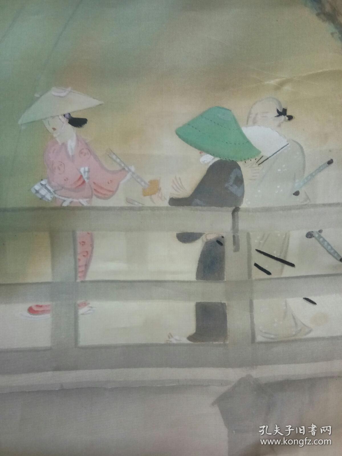 日本古画 浮世绘 绢本 手绘 作者不识 品相较差 142x35