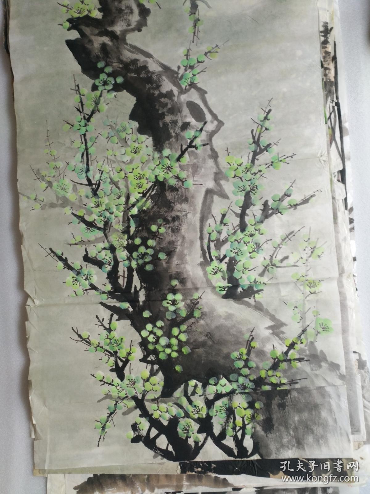 书法字画《201810264 画院流出无款精品手绘国画:绿梅花图 (四尺整张)