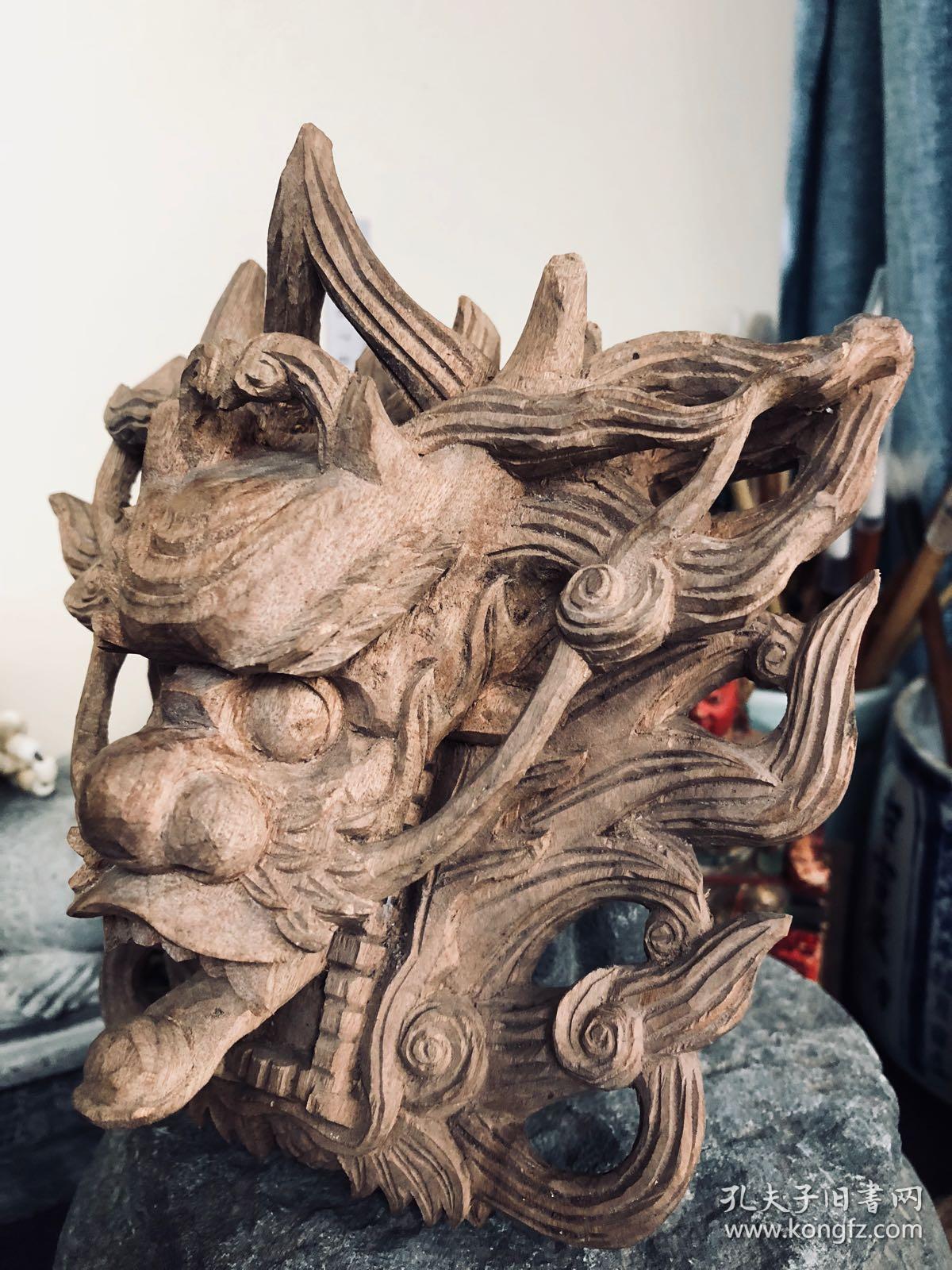 清民 老木雕 龙头