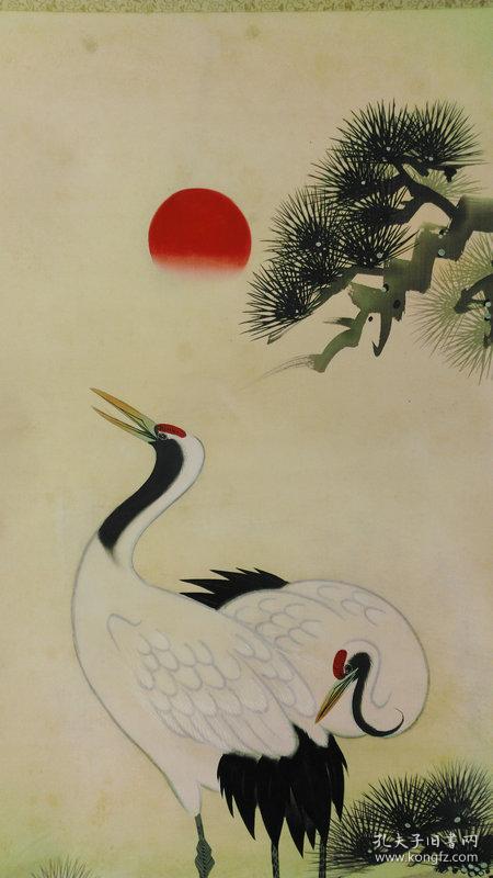 日本回流字画近代绢本花鸟画松鹤延年图书房挂轴原装裱条幅869