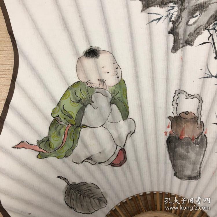 《童子煮茶图》扇面文人画工笔画