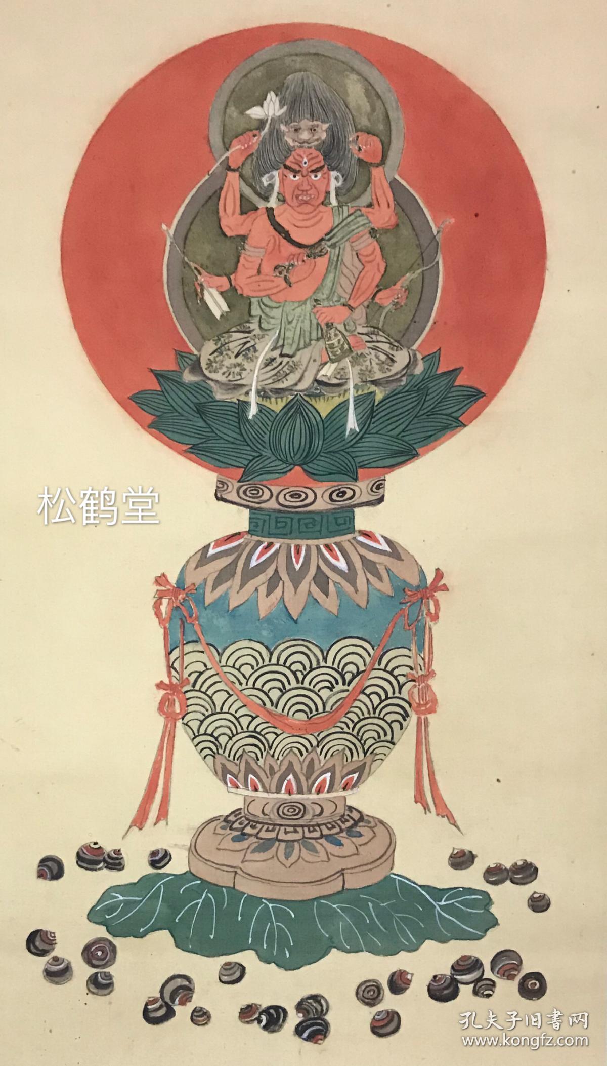 日本佛教密宗密教绘画《国宝爱染明王》1件,挂轴,绢本,手绘,民国时期