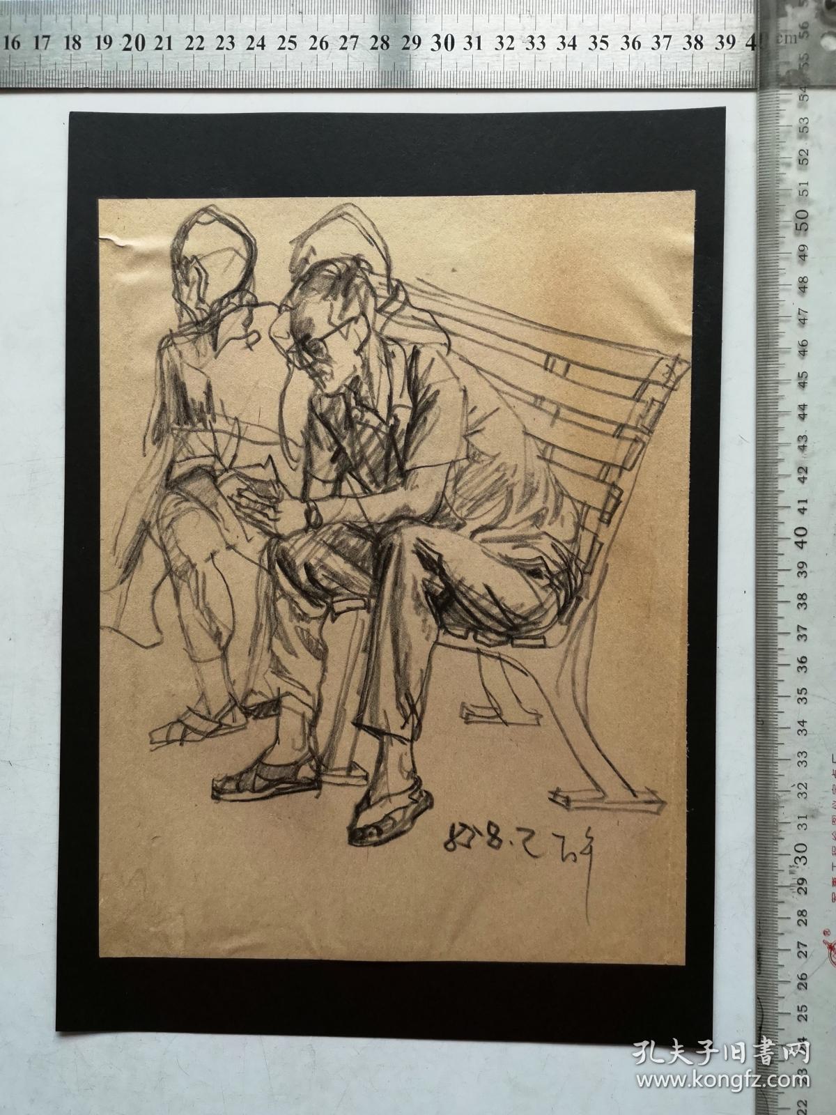 八九十年代手绘素描速写画稿原稿《长椅上的人》