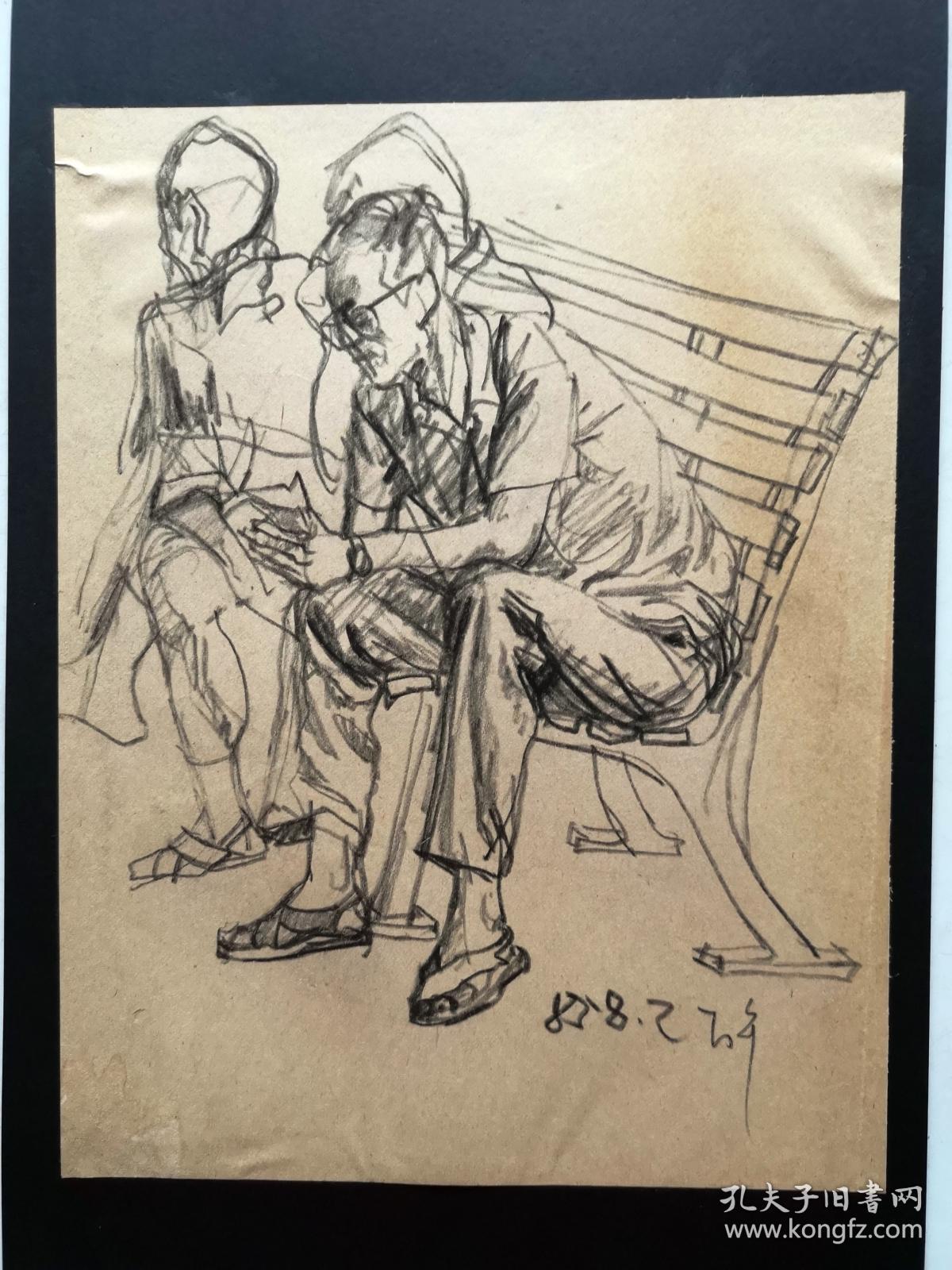 八九十年代手绘素描速写画稿原稿《长椅上的人》