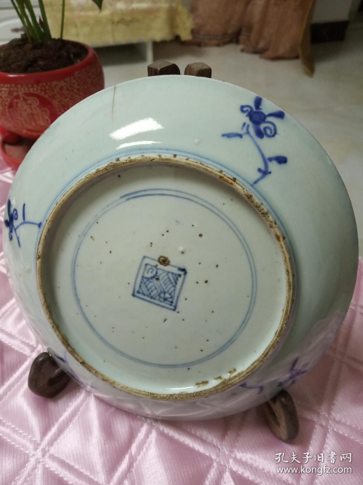 清代早期青花盘子 清三代双圈花押款青花折枝花果纹盘