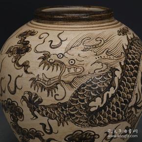 宋代吉州窑手工彩绘丹龙纹罐子