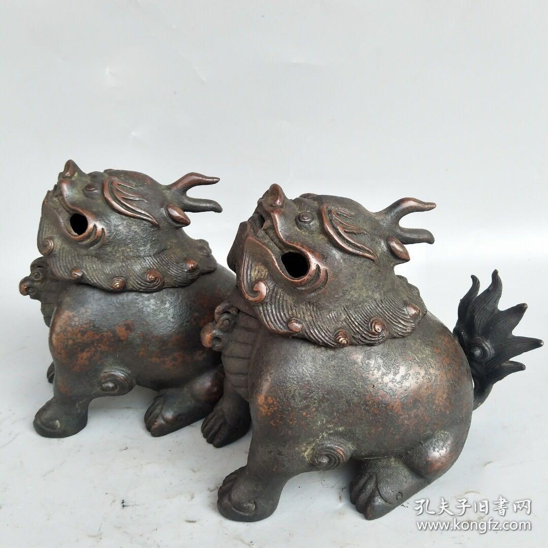老铜胎怪兽一对《活头麒麟》尺寸重量如图