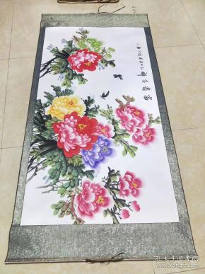 纯手绘作品,六尺2*1米纯手绘牡丹画【富贵吉祥】卷轴牡丹画