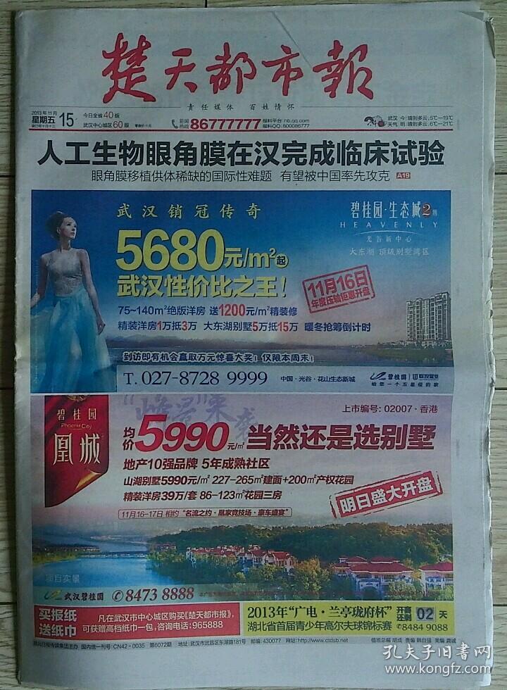 楚天都市报2013年11月15日人工生物眼角膜在汉完成临床试验