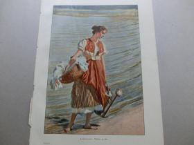 【百元包邮】 《湖边的姑娘》1904年 彩色平版印刷画 纸张尺寸约41×29厘米 （编号M000556)