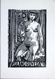 德国艺术家.“Jan Battermann ”木板藏书票—《裸女模特》